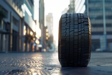 car tire standing upright, detailed texture of the rubber, modern urban backdrop
