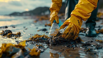 A volunteer wearing yellow rubber gloves and black rubber boots collects plastic bottles on the seashore - obrazy, fototapety, plakaty