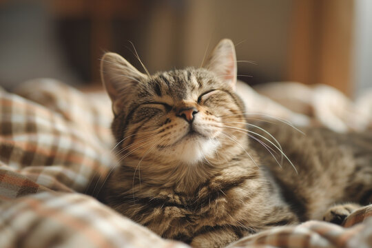 A cat is laying on a bed with its eyes closed and mouth open. The cat appears to be relaxed and content