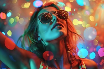 Woman in sunglasses dancing at a club with colorful lights and effects. Concept Dancing, Club...