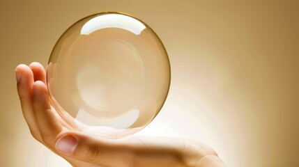 a person's hand holding a soap bubble in front of a light brown background with a reflection of a person's hand holding a soap bubble in the middle of their hand.