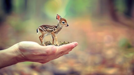 a small deer figurine sitting on top of a person's hand in front of a blurry background.