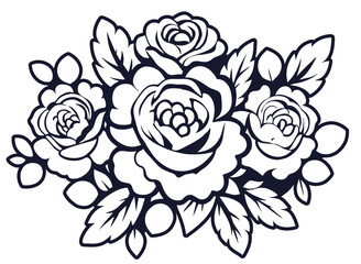 Retro old school roses for chicano tattoo. Symmetrical, silhouetted floral pattern featuring stylized roses and leaves in black and white. outline line