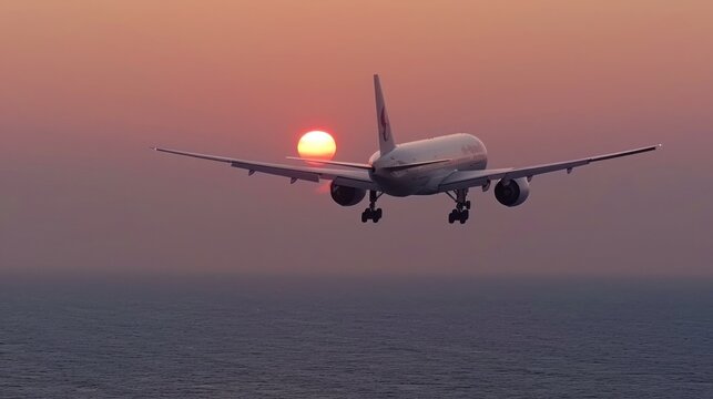 a large jetliner flying through a cloudy sky over a body of water with the sun setting in the background.