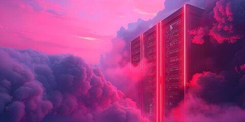 Server rack illuminated in pink light with clouds in background representing secure and reliable cloudbased computing services. Concept Cloud Computing, Data Security, Server Racks, Pink Lighting - obrazy, fototapety, plakaty