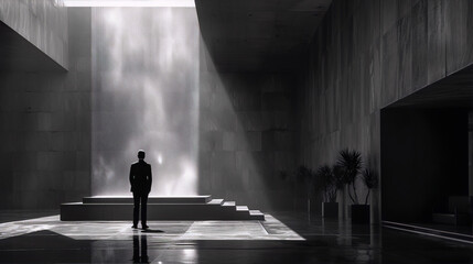 Black and white photo of a man standing in a modern atrium lobby with a water feature.