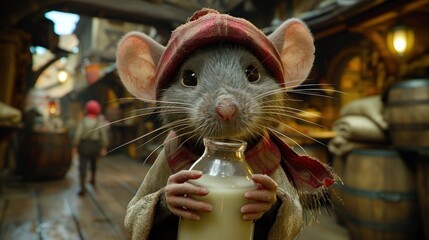 a rat with a hat and scarf on holding a bottle of milk and looking at the camera with a smile on it's face. - obrazy, fototapety, plakaty