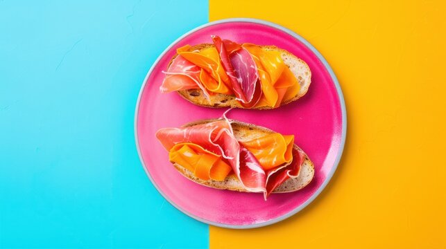 a pink plate topped with two pieces of bread with meat and cheese on top of it and a yellow and blue background.