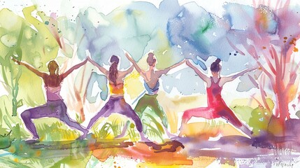 watercolor painting of a group of women doing yoga