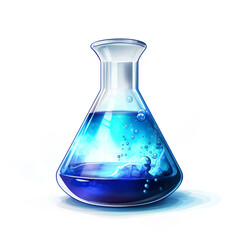 realistic erlenmeyer flask with blue liquid inside with some spilling out on white background сreated with Generative Ai