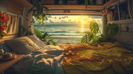 View from the inside of a cozy camper with a bed and plants overlooking the sea. AI generation.