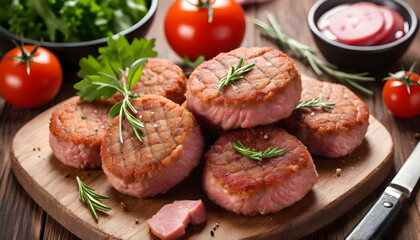 Fresh meat cutlets on wooden background