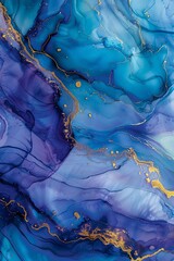 A luxury abstract fluid art painting in alcohol ink, with a mesmerizing mixture of blue and purple, and golden veins mimicking marble