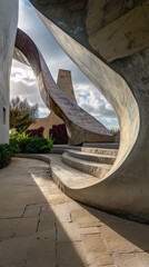 Modern brutalist architecture with curved concrete walls and geometric shapes