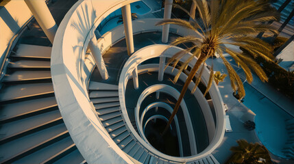 Palm tree and spiral staircase in a modern building with a blue sky