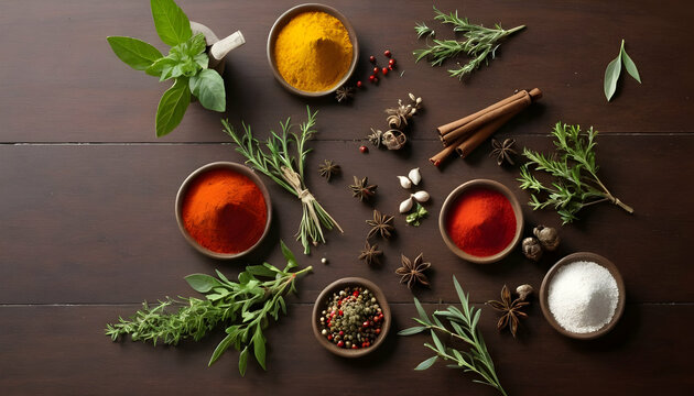 Fresh spices and herbs on a table