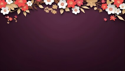 colorful flowers on red background with copy space, Japanese background, space for text and design 