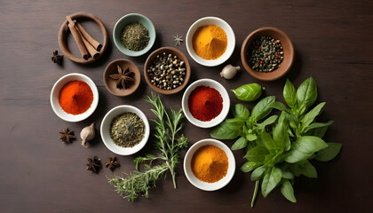 Fresh spices and herbs on a table