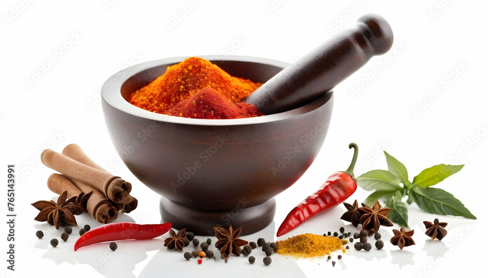 Wall mural Mortar And Pestle With Pepper And Spices on a white