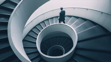 A lone figure in a blue suit walks up a modern spiral staircase, evoking a sense of ambition and progress. 
