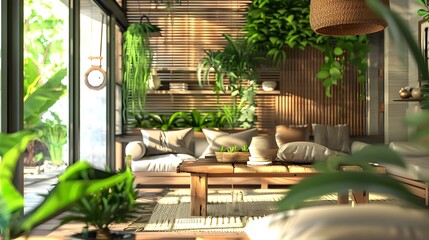 Fototapeta premium Interior of living room with green houseplants sunlight coming through large windows generative ai