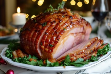 Juicy Baked glazed ham dish. Delicious sliced homemade cooked ham with honey ingredient. Generate ai