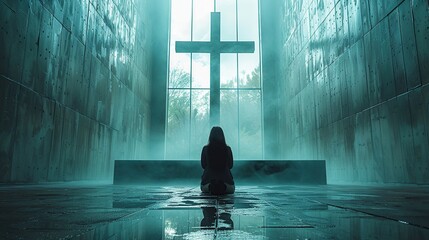 woman in a room praying in front of a wooden cross - obrazy, fototapety, plakaty