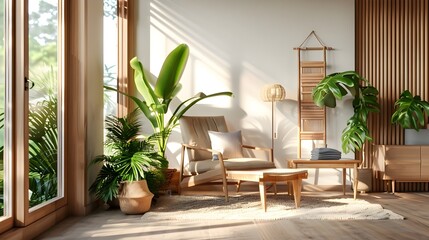 Fototapeta na wymiar comfortable chairs in a living room with a potted plant sunlight coming through window beautiful view generative ai