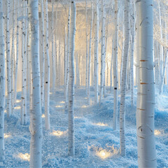 Winter Forest with Snow-Covered Ground and Lighted Birch Trees