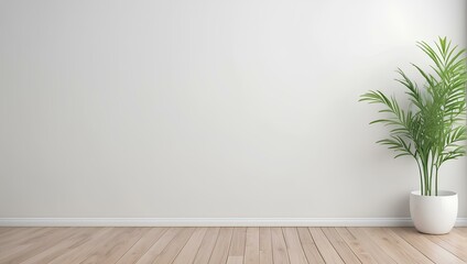 green plant in pot on the floor in empty room with white wall, copy space, space for text and design 