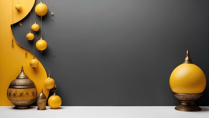 ramadan decoration with black wall, copy space, space for text and design 