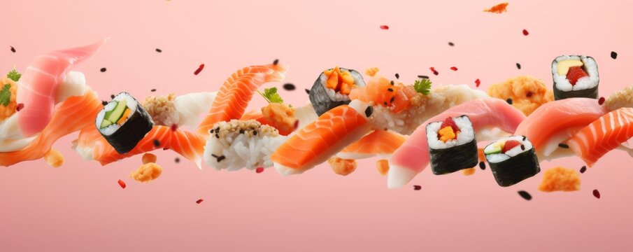 Flying sushi pieces on pastel background, food wallpaper and banner. Generative Ai.