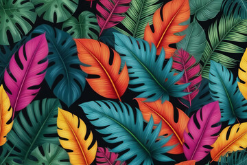 A burst of color and life in the lush jungle setting. Background of leaves.