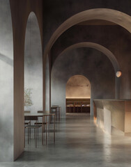 Luxury restaurant interior design with arched openings, concrete walls, and wood furniture in warm colors.