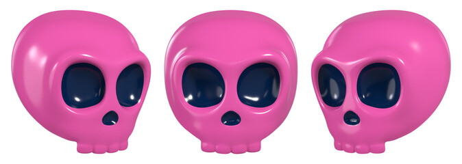 Cartoon set of pink skulls for a fun Halloween design. 3D rendering.