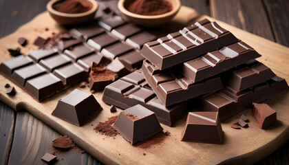Pieces of natural dark chocolate on wooden table