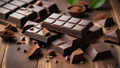 Pieces of natural dark chocolate on wooden table