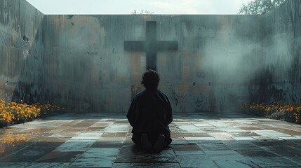 a man in a room praying in front of a wooden cross
