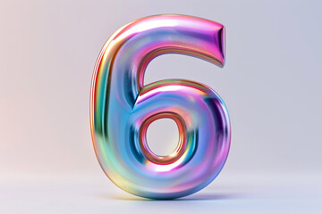 Glossy holographic number six 6 isolated on white background