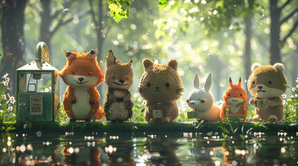 A charming lineup of animated forest animals patiently waiting for their turn at a magical water dispenser in a sunlit glade.
