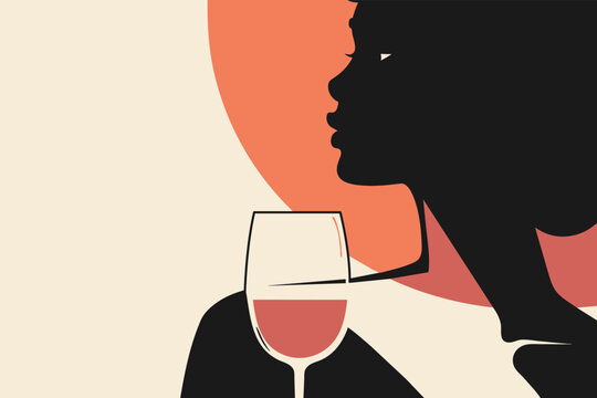 Young Black Woman With Glass Of Red Wine, Minimalist Elegant Retro Style. Silhouette Face Of Girl And Wineglass Close Up. Alcohol Drink On Celebration, Party, Event. Negative Space. Vector