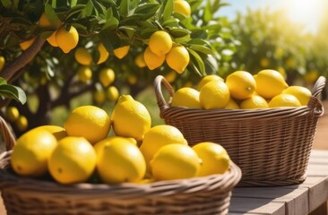 lemon garden to the horizon, lemon tree branches, wicker baskets with ripe lemons, long lemon plantations, Organic Farming, sunny day, sunset or dawn light