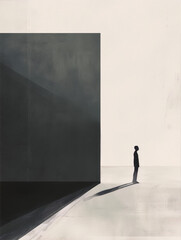 Digital art of a lonely person standing in front of a large dark wall