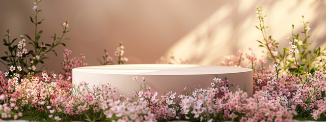 Background podium 3D spring flower product beauty pink display nature. 3D podium stand background scene floral mockup cosmetic white blossom summer abstract shadow platform minimal design render stage