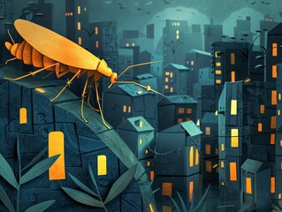 A Cockroach navigating a dark, cluttered urban environment, showcasing its resilience and potential for disease transmission