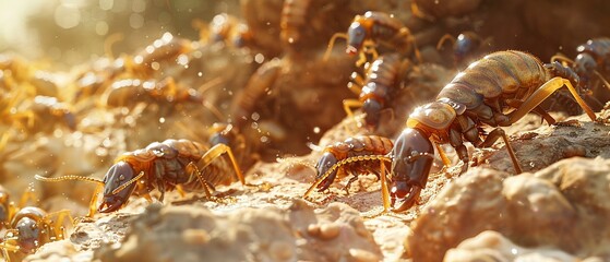 A colony of BulletHeaded Termites aggressively defending their mound against a predator, showcasing their powerful bites - obrazy, fototapety, plakaty