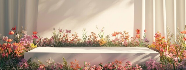 Background podium 3D spring flower product beauty pink display nature. 3D podium stand background scene floral mockup cosmetic white blossom summer abstract shadow platform minimal design render stage - obrazy, fototapety, plakaty