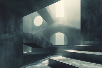 Concrete brutalist architecture interior with arches and staircases 3D render
