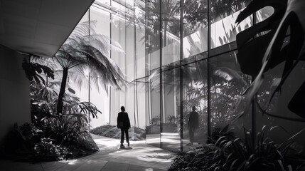 Black and white photo of a woman walking in a modern atrium with glass walls and lush foliage.