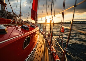 Obraz premium The sun sets over the ocean as a sailboat glides through the water